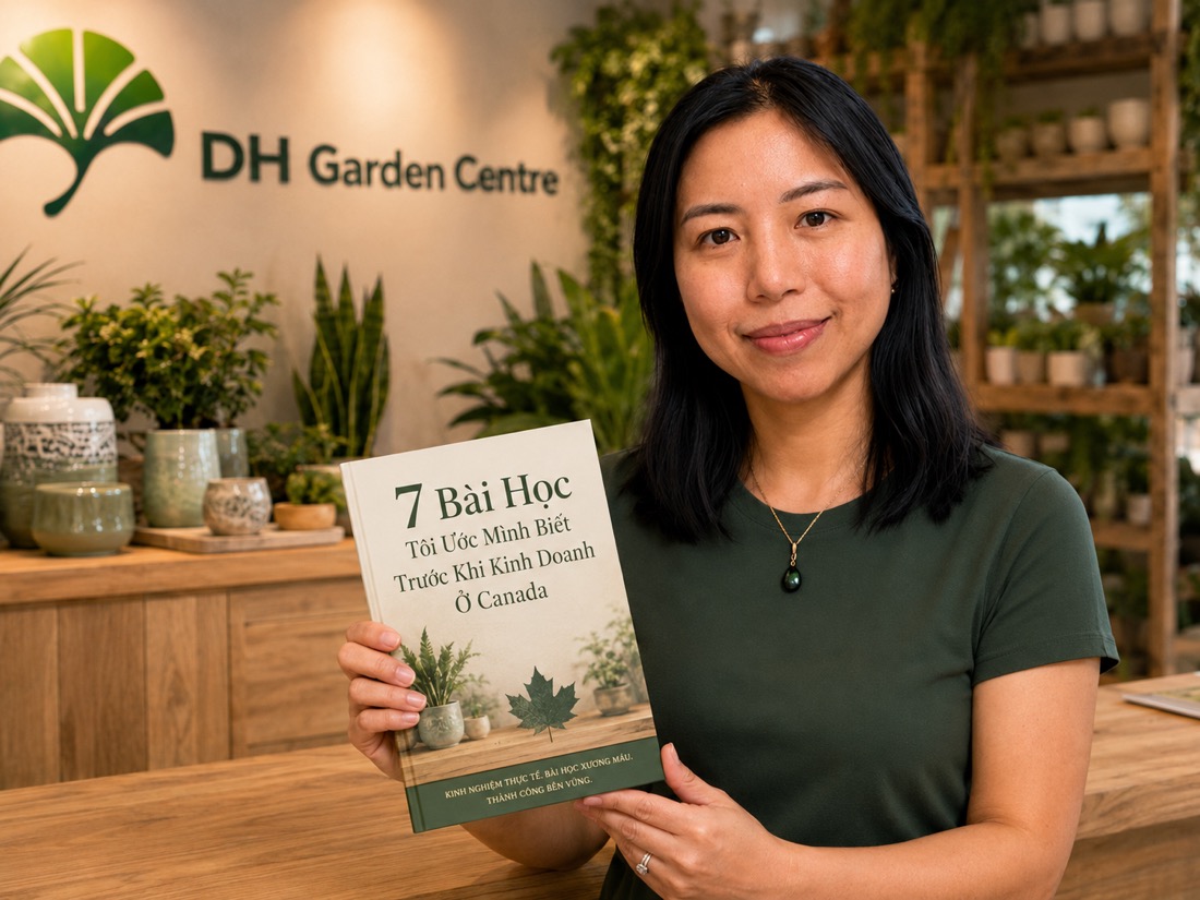 Jasmine Tran holding her free guide “7 Lessons I Wish I Knew Before Doing Business in Canada” at DH Garden Centre